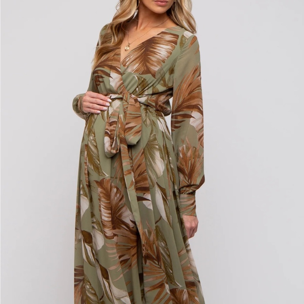 Pinkblush: Olive Palm Print Chiffon Wrap Front V-Neck Long Sleeve Maternity Maxi